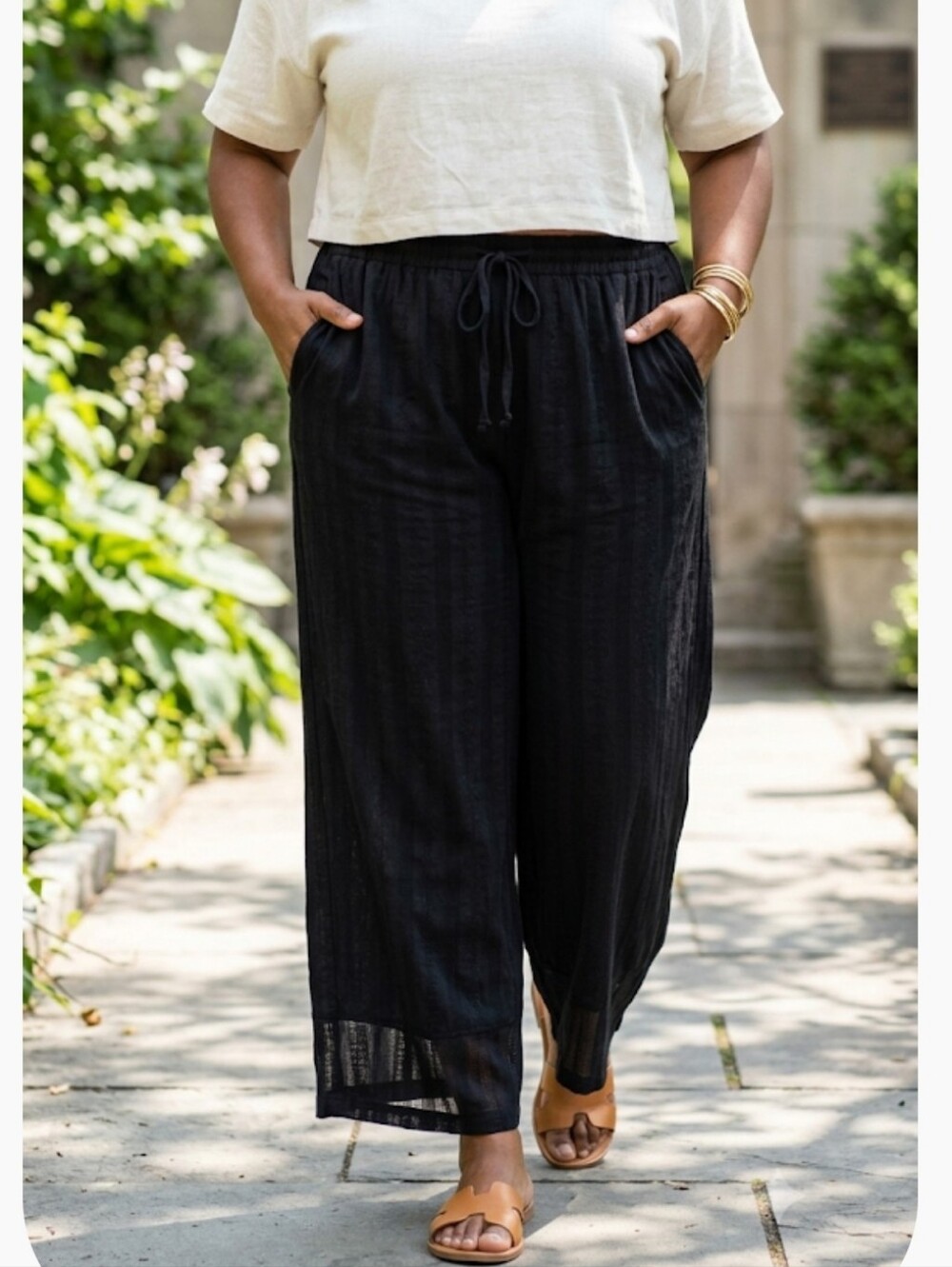 NWT Forever 21 Plus Black Textured Wide Leg Pants Drawstring Waist - Size 1X